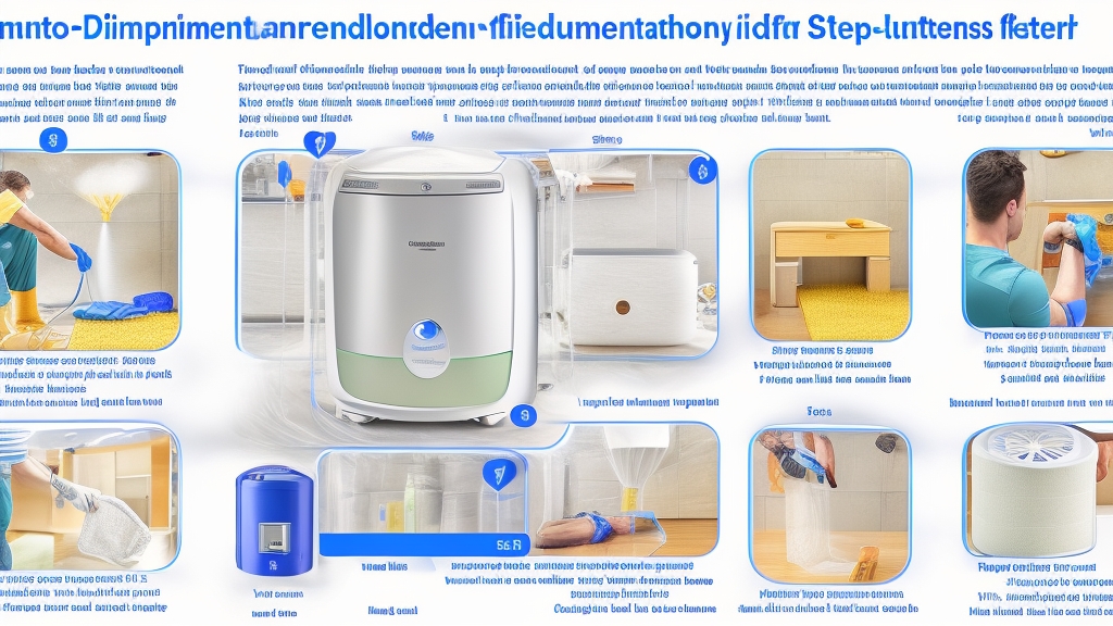 Lépésről lépésre páramentesítő karbantartás illusztráció kezek tisztítják a víztartályt és szűrőt